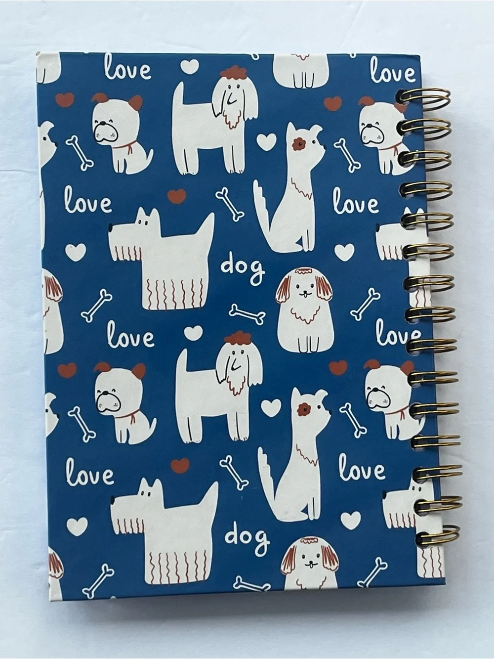Blue Dog and Gold Heart Pattern Spiral Journal/ Notebook - Pet Design 150 Pages